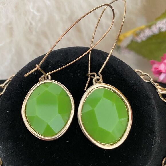 Jewelry Necklace and Earring Set Green Faux Gem Y Shaped Necklace Dangle Earring - Picture 4 of 15
